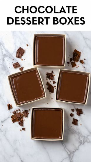 Several clear, individual chocolate dessert boxes layered with cookie crumb, mousse, and topped with fresh berries, arranged on a marble surface. Text overlay reads: CHOCOLATE DESSERT BOXES
