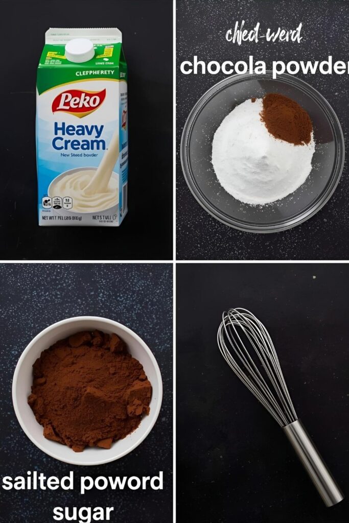 A flat-lay collage featuring the key ingredients: a carton of heavy cream, a bowl of sifted cocoa powder and powdered sugar, and a chilled mixing bowl and whisk, all on a dark background.