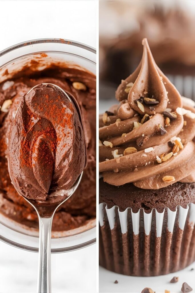 A side-by-side image: On the left, a spoonful of the Mexican Hot Chocolate Whip variation dusted with cayenne. On the right, a close-up of the plain Chocolate whip frosting a small piece of cookie monster cake.