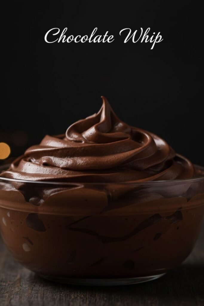 A close-up shot of rich, dark brown, fluffy Chocolate whip piped into a small glass serving dish, dusted with cocoa powder, with soft lighting. The text overlay reads: CHOCOLATE WHIP