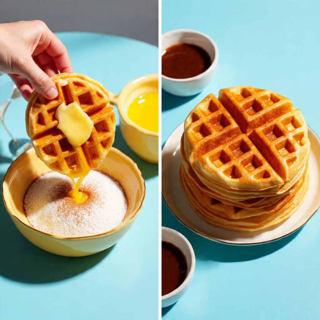 Two views of Churro Waffles: a hot waffle being buttered and a close-up of the finished, cut churro waffle strips ready for dipping.