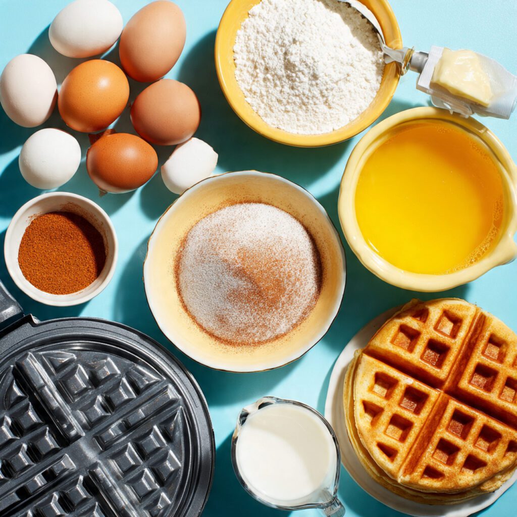 Flat lay collage of Churro Waffles ingredients: flour, eggs, milk, butter, and cinnamon sugar mix.