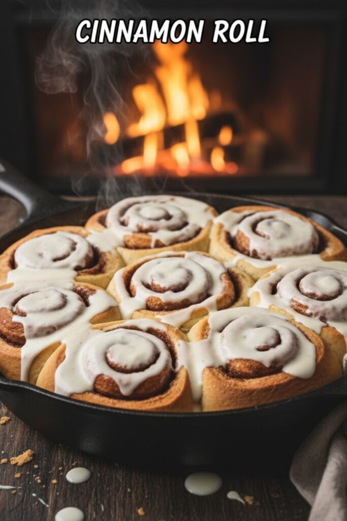 A viral, indulgent, and highly clickable image of a pan of warm, freshly frosted Cinnamon rolls with the text overlay "CINNAMON ROLL" in a bold, appetizing font.