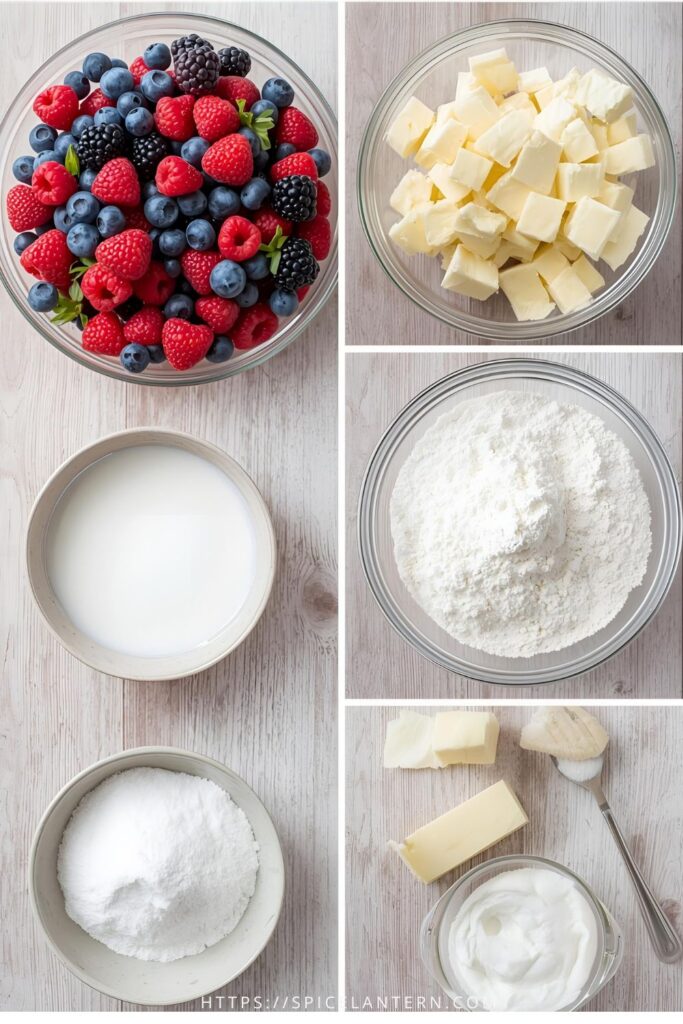 A high-quality collage of all the fresh ingredients used for mini cobblers recipe: fresh mixed berries, a stick of cold butter, flour, sugar, and milk, all arranged artistically on a light wood background