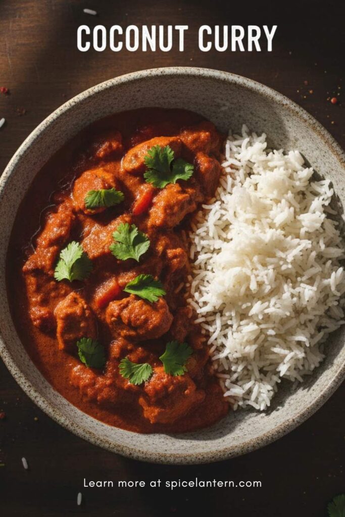 A viral, indulgent, and highly clickable image of a rich, vibrant Coconut curry in a rustic bowl, garnished with fresh cilantro and served over rice, with the text overlay "COCONUT CURRY" in a bold, appetizing font.