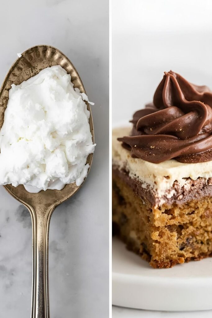 Two contrasting servings of coconut cream: On the left, a rustic spoonful of plain whipped coconut cream on a vintage silver spoon. On the right, a close-up of a dollop of chocolate coconut cream topping a piece of cookie monster cake.