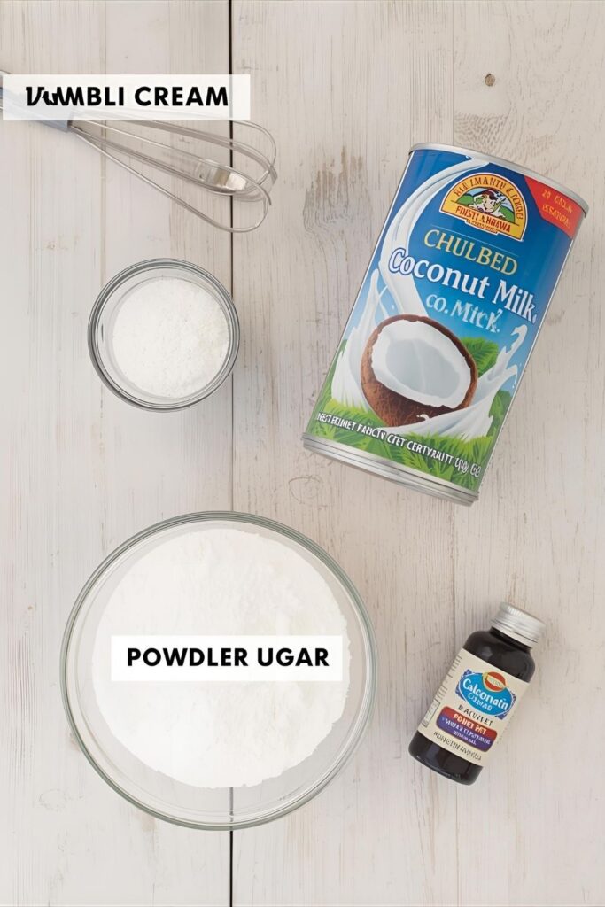 A flat-lay collage image showing the essential ingredients for coconut cream: a chilled can of full-fat coconut milk, a bowl of powdered sugar, and a small vial of vanilla extract, all arranged neatly on a light wood surface.