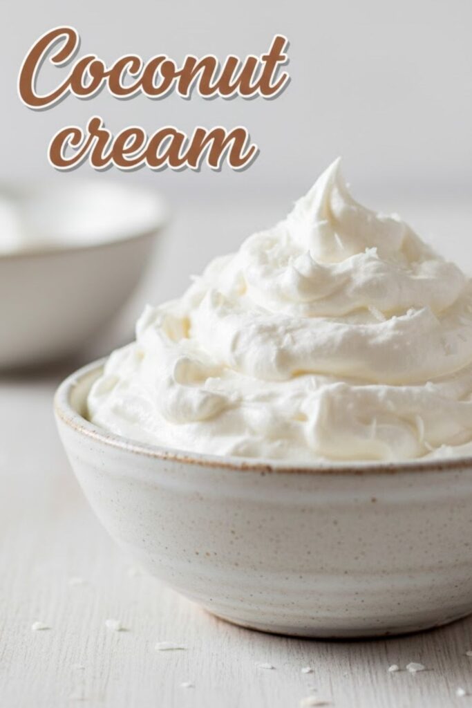 A bright, high-quality, close-up image of fluffy, perfect white coconut cream piled high in a rustic bowl, garnished with a sprinkle of coconut flakes. The text overlay reads: COCONUT CREAM