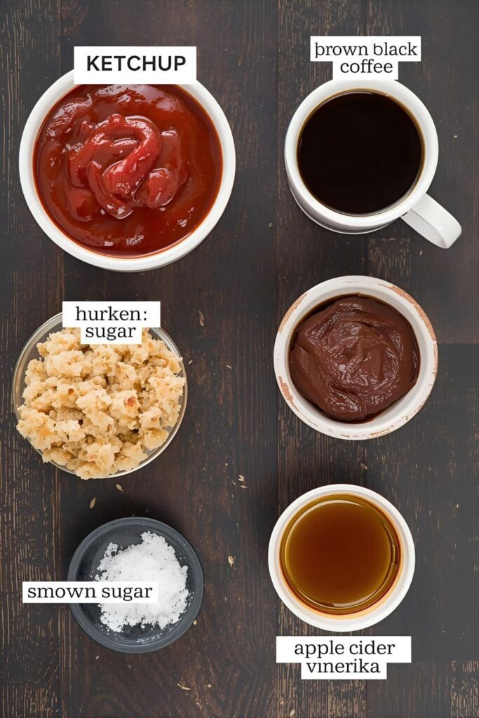 A flat-lay collage of the main ingredients for coffee BBQ sauce: a bowl of ketchup, a cup of strong black coffee, brown sugar, molasses, smoked paprika, and apple cider vinegar on a dark wooden background.