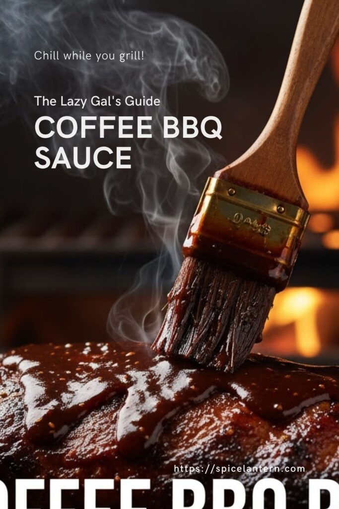 A close-up, high-angle shot of thick, dark coffee BBQ sauce being generously brushed onto a rack of smoked pork ribs, with a bold white text overlay reading: "Coffee BBQ Sauce." The lighting is dramatic and smoky