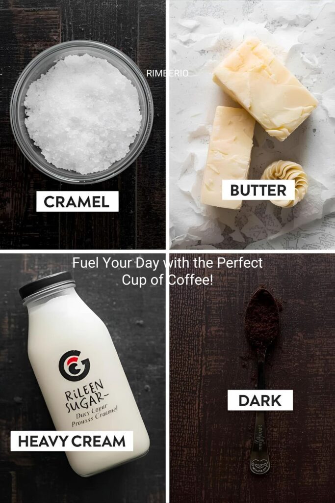 A flat-lay collage of the main ingredients for coffee caramel: a cup of granulated sugar, a stick of butter, a bottle of heavy cream, and a spoon of dark espresso powder, on a dark wooden background.