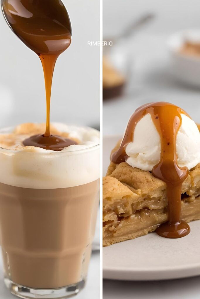 A close-up side-by-side photograph showing two uses of the coffee caramel sauce: On the left, a latte with a generous drizzle of the sauce; on the right, a slice of apple pie topped with a dollop of vanilla ice cream and the warm coffee caramel.