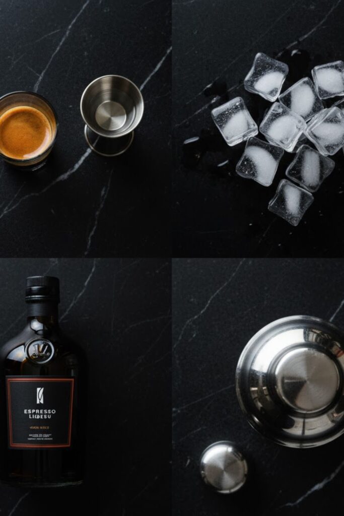 Flat lay collage of cocktail ingredients: espresso, vodka, coffee liqueur, simple syrup, and ice.