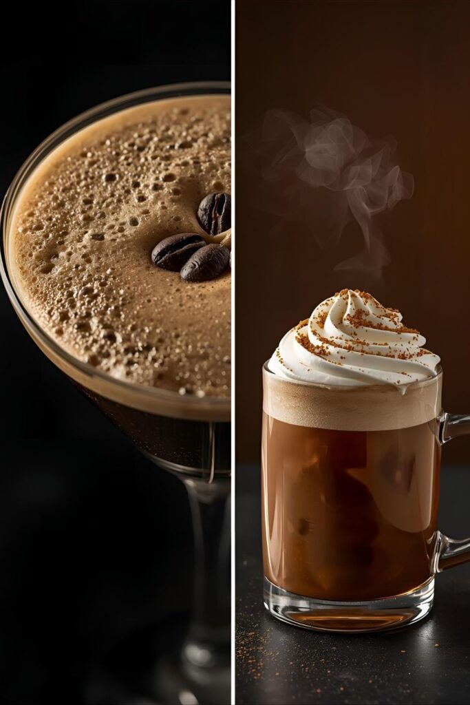 Two separate, styled images: one close-up of the Espresso Martini and one contrasting hot Irish Coffee.