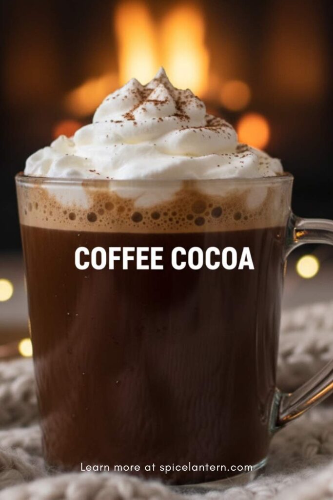 A viral, indulgent, and highly clickable image of a creamy, rich mocha drink in a clear glass mug topped with whipped cream, with the text overlay "COFFEE COCOA" in a bold, appetizing font.
