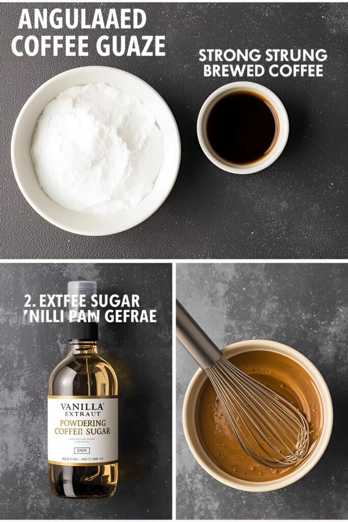 A flat-lay collage of the three main ingredients for coffee glaze: a bowl of powdered sugar, a small cup of strong brewed coffee, and a bottle of vanilla extract, next to a whisk in a bowl.