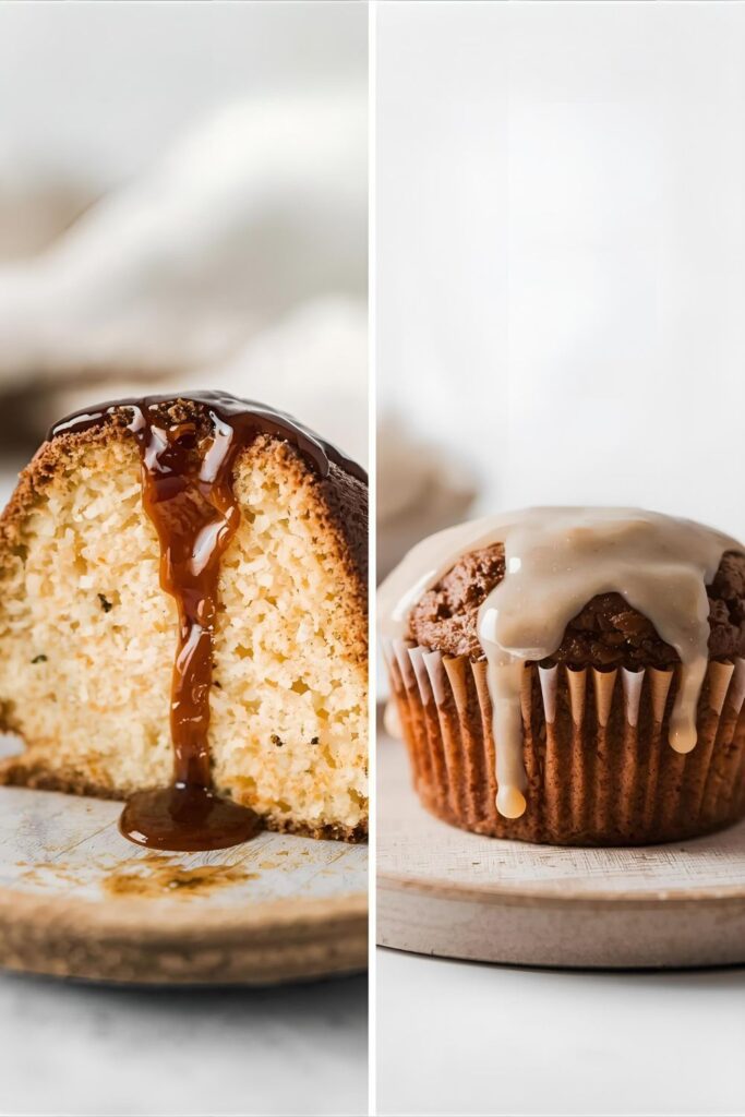 A side-by-side photograph showing two finished desserts: On the left, a glazed slice of bundt cake topped with Salted Coffee Glaze; on the right, a muffin with the Boozy Irish Cream Glaze.
