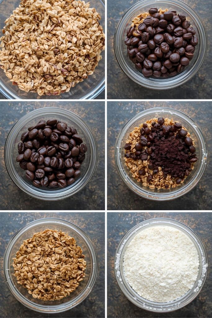 A flat-lay collage of the main ingredients for coffee granola: rolled oats, mixed nuts, a small cup of maple syrup, melted coconut oil, and a scoop of dark espresso powder on a wooden cutting board.