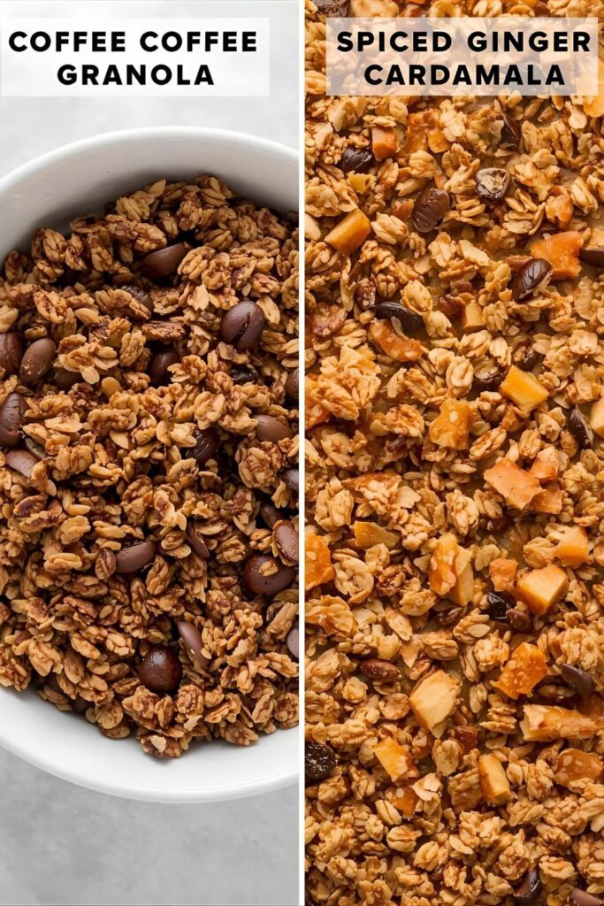 A side-by-side photograph showing two different granola servings: On the left, the classic Coffee Granola in a bowl; on the right, the Spiced Ginger Cardamom Granola with chopped candied ginger pieces visible.
