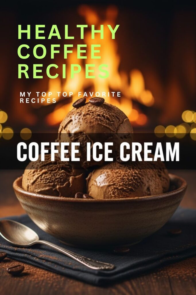 A close-up, high-angle photograph of a scoop of dark coffee ice cream in a small glass dish, garnished with a few whole coffee beans, with a bold white text overlay reading: "Coffee Ice Cream." The texture is visibly creamy