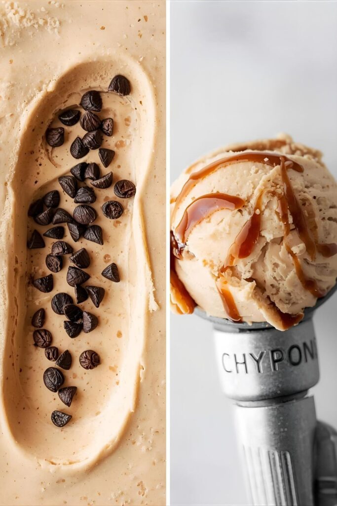 A side-by-side photograph showing two ice cream scoops: On the left, a scoop of Coffee Ice Cream with a scattering of espresso chips; on the right, a scoop of the Salted Bourbon Caramel Swirl Ice Cream showing dark caramel ribbons.