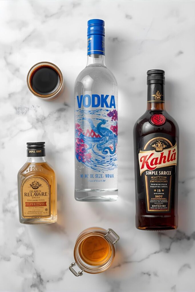 Flat lay collage of all ingredients: vodka bottle, coffee liqueur, freshly brewed espresso, and a shaker.