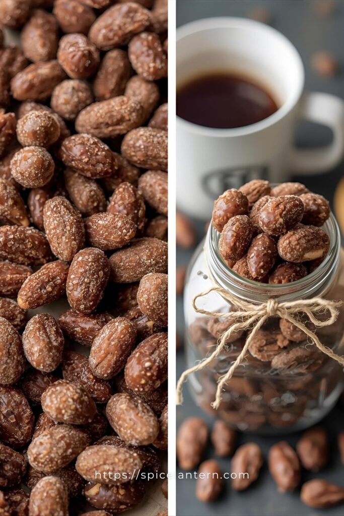 Two separate, styled images: one close-up of the nuts, and one shot of a jar prepared for gifting.