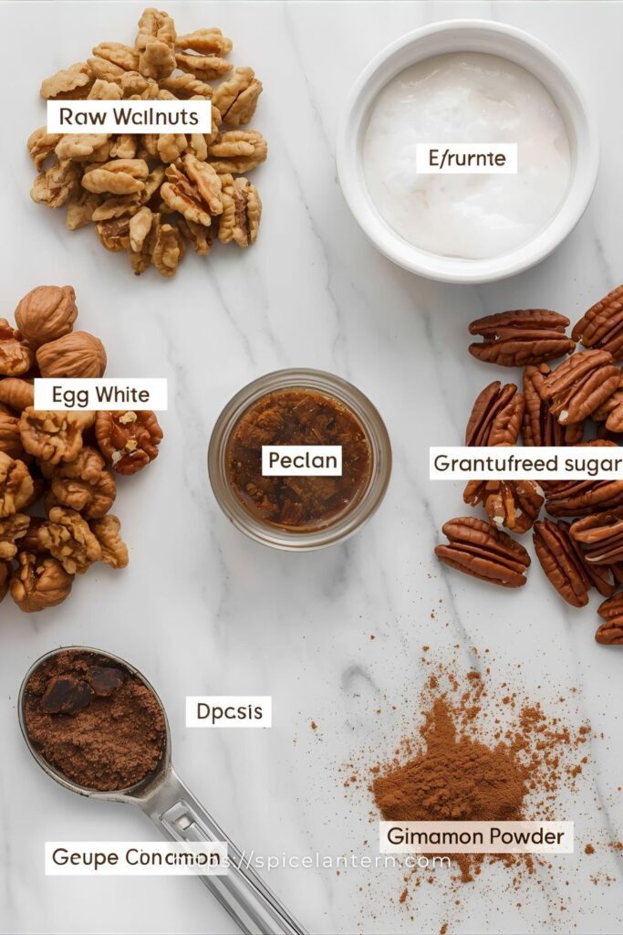 Flat lay collage of coffee nut ingredients: raw nuts, egg white, sugar, espresso powder, and cinnamon.