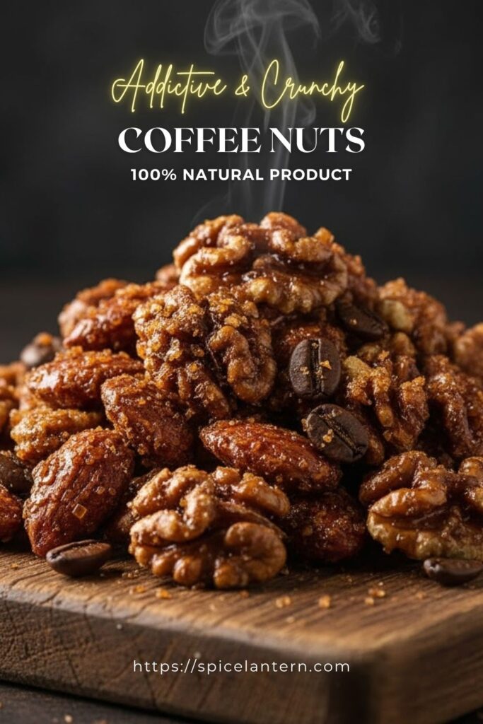 "COFFEE NUTS" text overlay on a close-up of glossy, caramelized espresso-coated nuts.