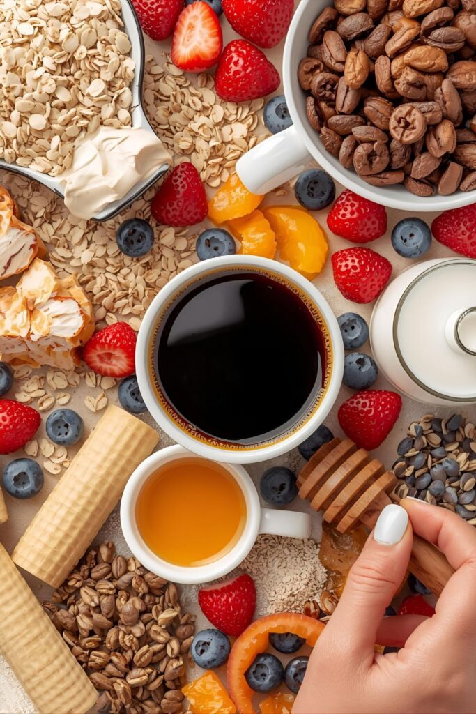 Flat lay collage of all ingredients: rolled oats, strong black coffee, milk, honey, and various toppings.