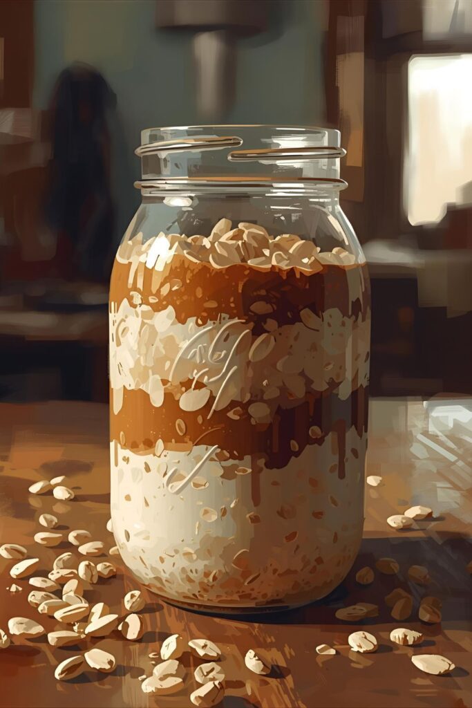 Clear mason jar filled with layers of coffee overnight oats, ready for the fridge.
