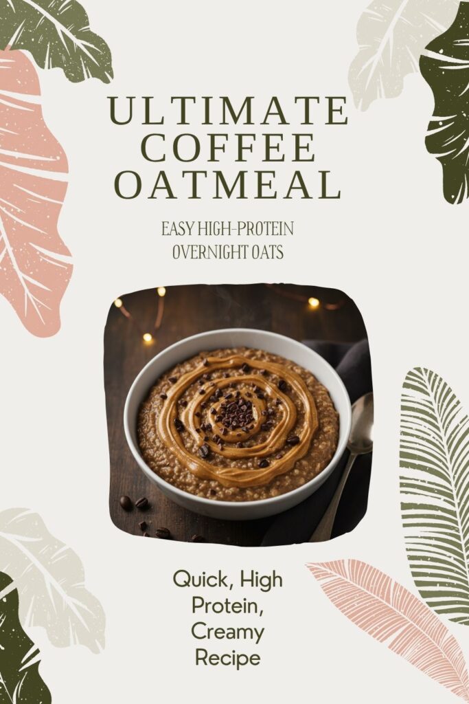 Close-up of creamy oatmeal with a dark coffee swirl, topped with chocolate, and a bold text overlay.