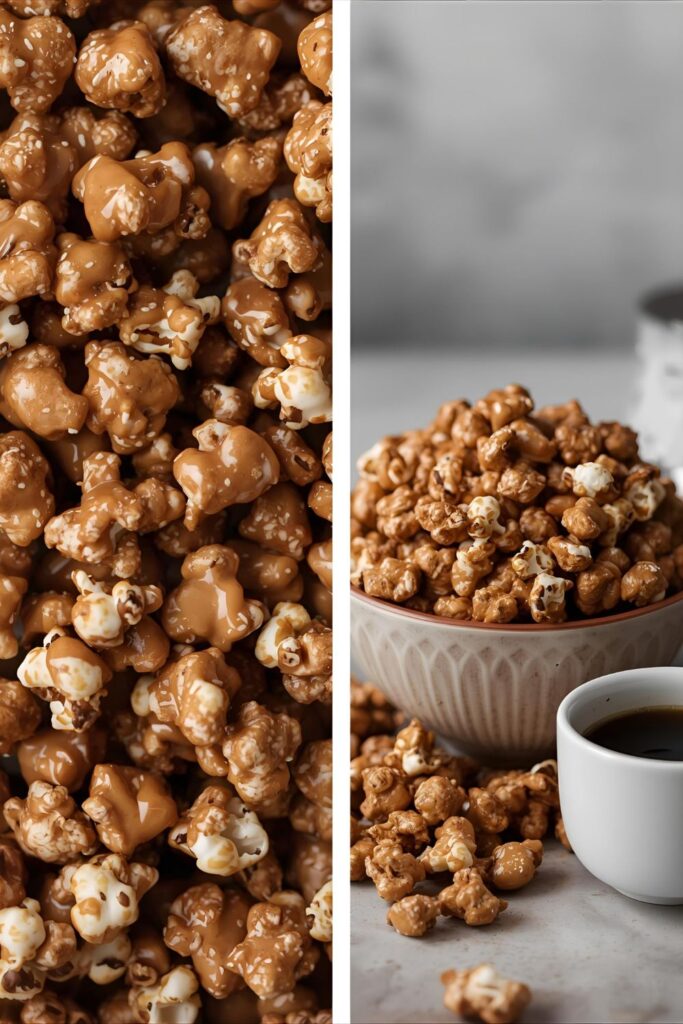 Two separate, styled images: one close-up of the popcorn clusters, and one shot of the popcorn in a vintage bowl.