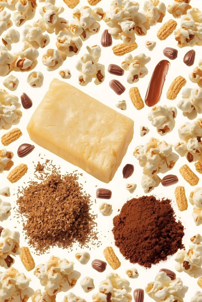 Collage of all ingredients for coffee popcorn: popcorn kernels, butter, brown sugar, and espresso powder.