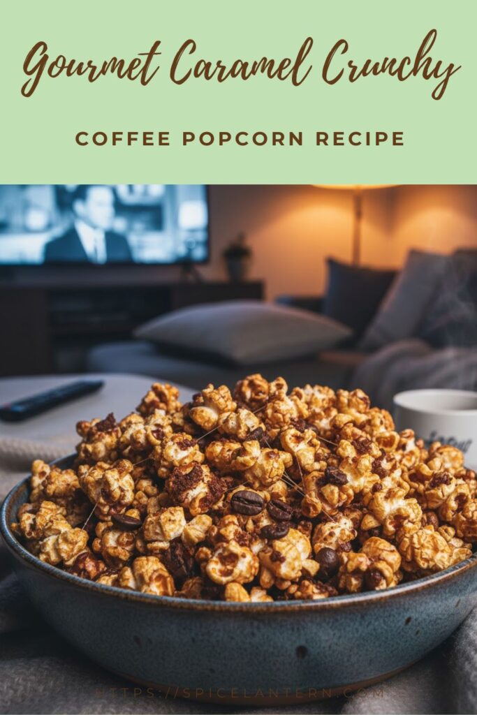 "COFFEE POPCORN" text overlay on a heap of glossy, crunchy coffee caramel popcorn.