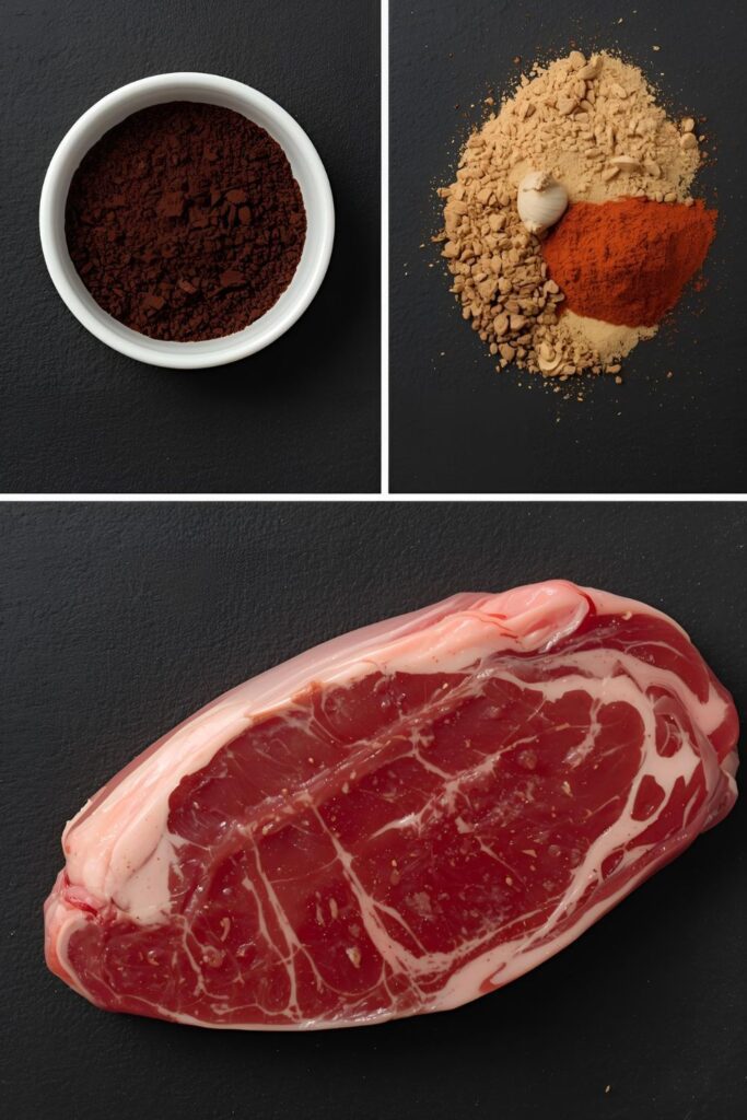 A 9:16 collage showing the ingredients for coffee-rubbed steak: ground coffee, brown sugar, spices, and a raw ribeye steak.