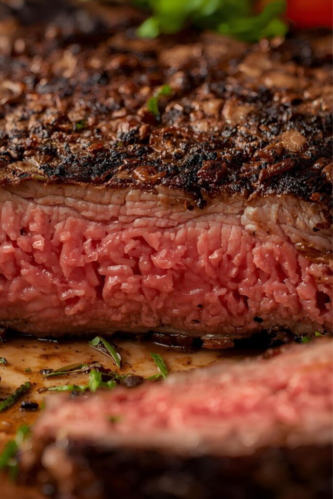 A 9:16 vertical close-up shot of a juicy, medium-rare slice of coffee-rubbed steak, highlighting the dark, crispy crust and the tender pink interior.