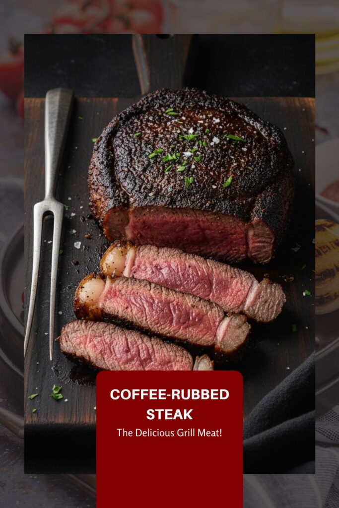 A 9:16 vertical pin image with the text "Coffee-Rubbed Steak" overlaid on a dark and moody photo of a perfectly cooked, sliced steak on a cutting board.