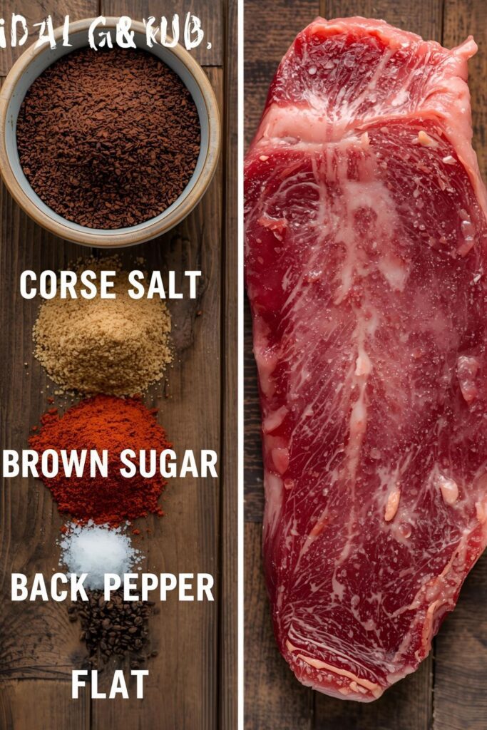 A vibrant flat lay collage of all the raw ingredients for the coffee rub: dark roast coffee grounds, kosher salt, brown sugar, paprika, and black pepper, next to a raw brisket flat.