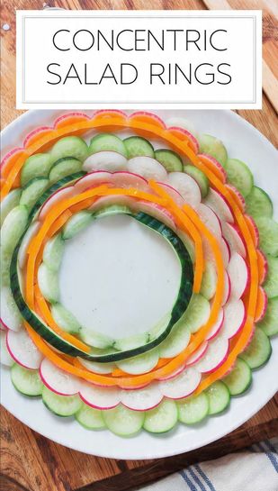 A brightly colored, overhead image of a perfectly arranged concentric salad, with the text "CONCENTRIC SALAD RINGS" overlaid on top.