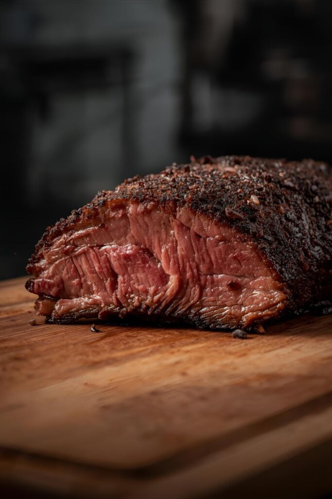 A macro close-up of a single slice of smoked Coffee-Rubbed Brisket resting on a cutting board, highlighting the texture and dark, crunchy bark.