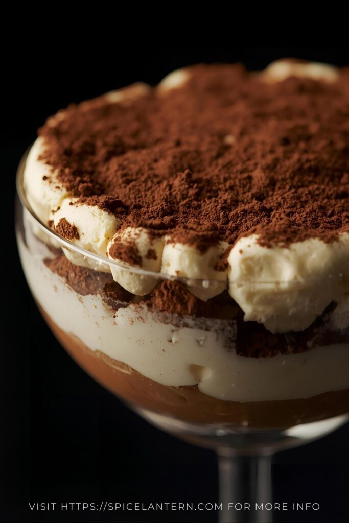A close-up, high-detail shot of a single serving of Deconstructed Tiramisu, showing the layers of cream and the cocoa powder.