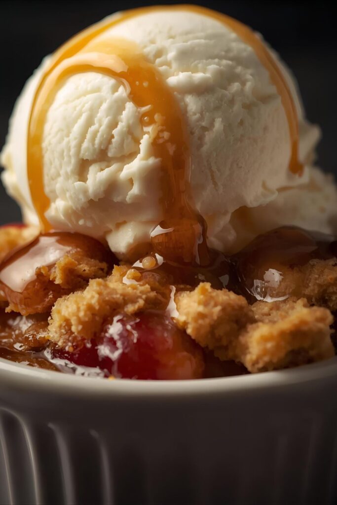 A close-up, high-detail shot of a single mini crumble served with a scoop of melting vanilla ice cream and a drizzle of caramel sauce.