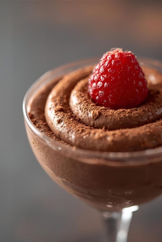 A close-up, high-detail shot of a single perfectly set chocolate mini mousse, showing its airy texture and elegant garnish.
