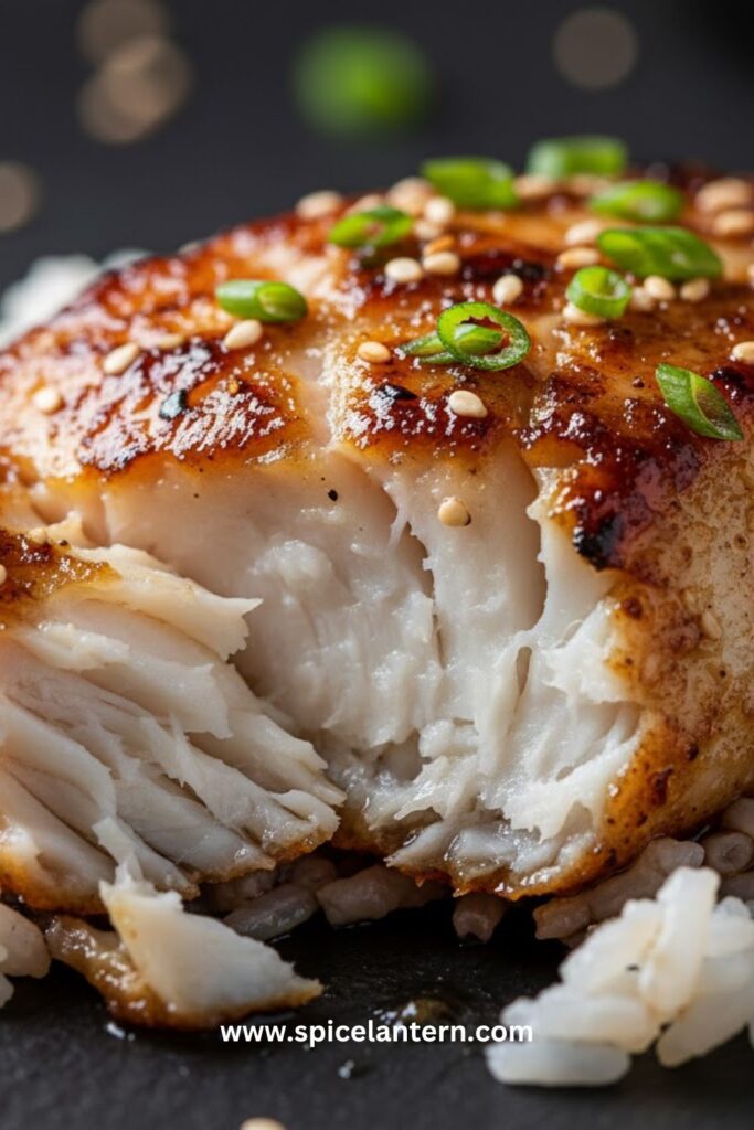 A macro close-up of a single Miso-Glazed Cod fillet, emphasizing the flaky texture of the fish and the bubbling, browned glaze.