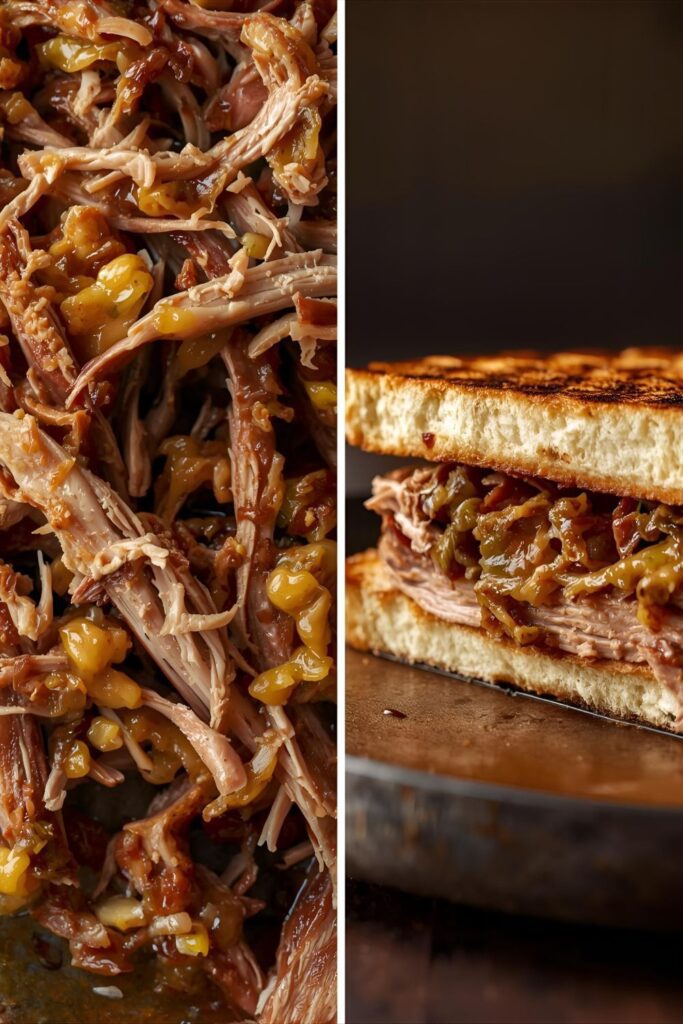 A close-up, high-detail shot of both the finished shredded Mojo pork and a Cuban sandwich made with the pork, emphasizing the texture and juiciness.