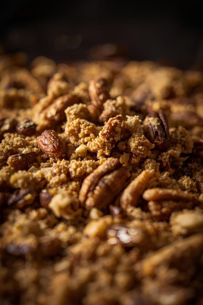 A macro close-up of a portion of baked nut crumble, emphasizing the rough, golden texture and the visible nuts.