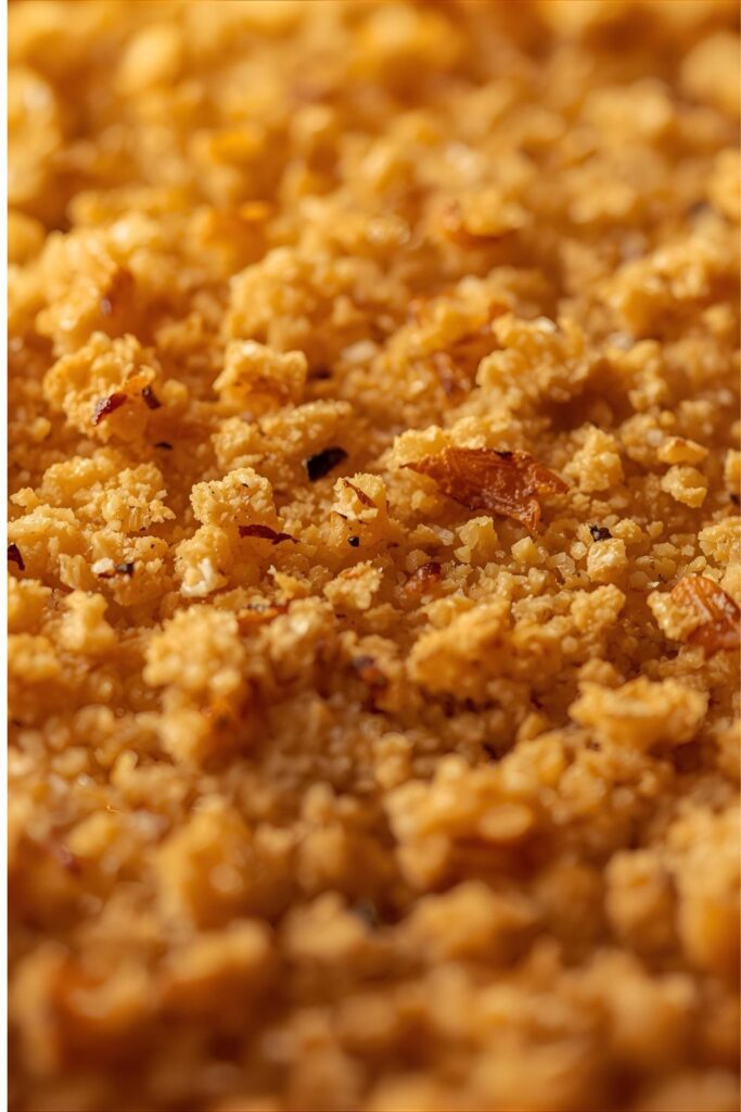 A macro close-up of the ultra-crispy texture of a golden Panko crust, emphasizing the large, flaky pieces.