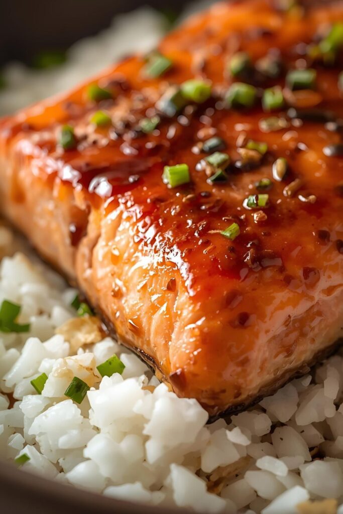 A close-up, high-detail shot of two different servings of cooked Teriyaki salmon: one whole fillet showing the crispy skin and thick glaze, and one portion flaked with a fork.