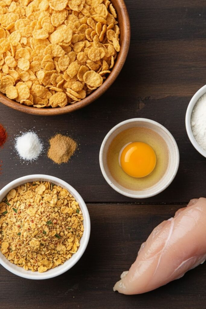 A flat-lay collage featuring a bowl of plain cornflakes, a small bowl of seasoned crushed cornflakes, paprika, garlic powder, onion powder, a whole egg, a bowl of flour, and a raw chicken tender.